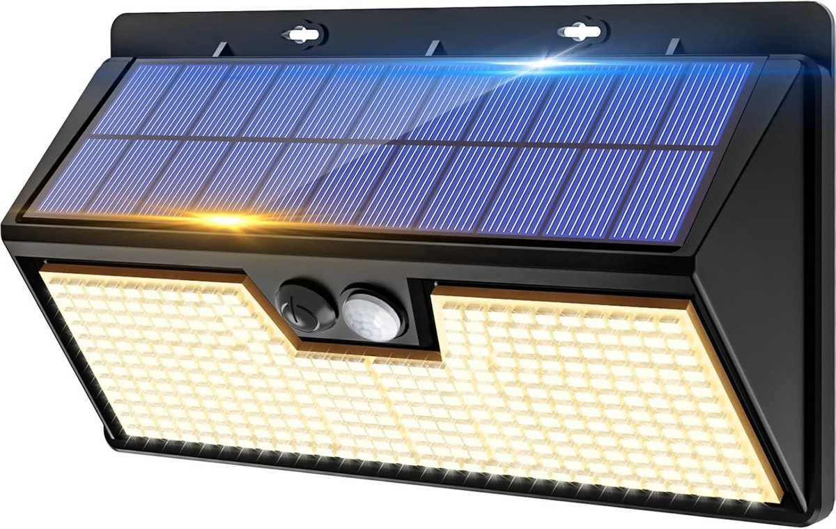 SnelShoppen - Vighep 318 LED Zonnelamp Buiten met Bewegingsmelder, Grote Wandlamp op Zonne-energie, Warmwit, IP65 Waterdichte Buitenlamp met 3 Modi vo