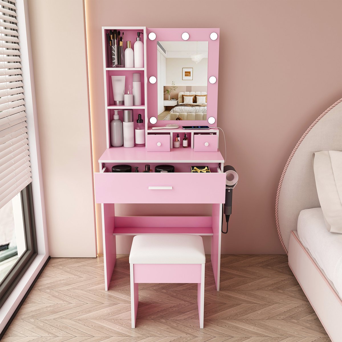 Kaptafel met Spiegel, LED Verlichting & Stopcontact – Roze Schminktafel met Kruk, 3 Lades,