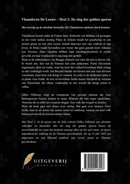Boek kaft met tekst 'Vlaanderen De Leeuw Deel 2: De slag der gulden sporen'.