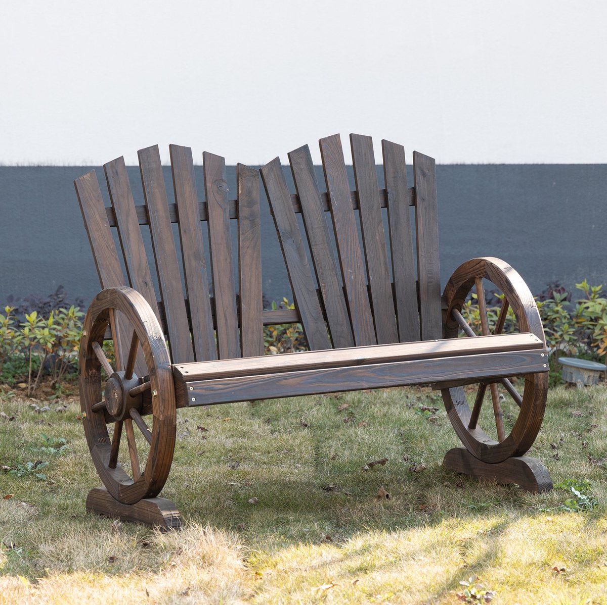 OKWISH Tuinbank 108 x 66 x 95 cm - 2-Zits Met Armleuningen En Gebogen Rugleuning - Voor Tuin En Terras - Hout - Donkerbruin