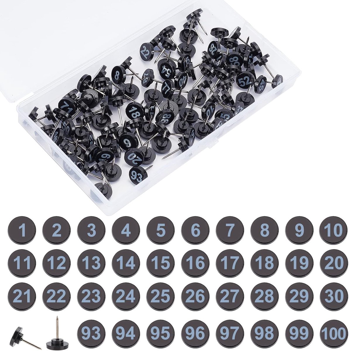 100 stuks genummerde Push Pin Tacks, Kaartnummer Duim Tacks Zwarte Basis Met Cijfers 1-100 Tekening Push Pins Plastic Duim Tacks voor Kaarten, Presentaties, Foto's, Posters Exhibit, 16x11mm