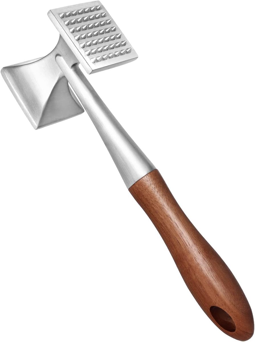 Vleesmalsmaker, vleeshamer, zware steakhamer met houten handvat en voedselveilige zinklegering, 2 in 1 vleeshamer, 26 cm