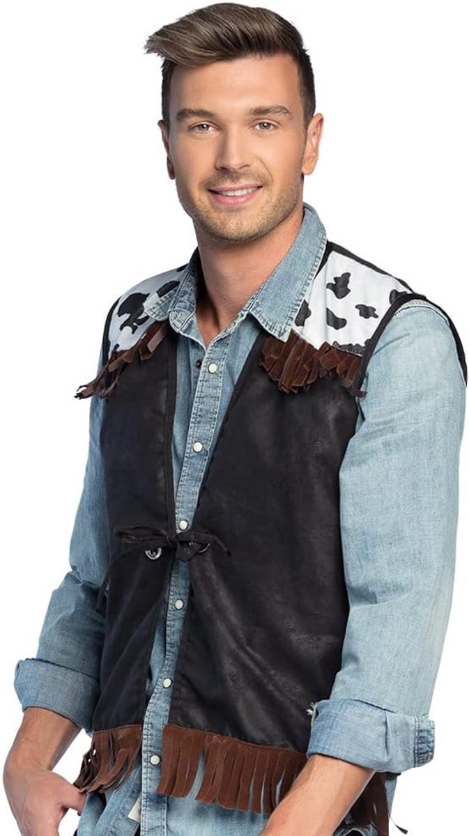 54323 - Westernvest, maat M, bruin, voor volwassenen, jas, cowboy, indiaan, kostuum, carnaval, themafeest