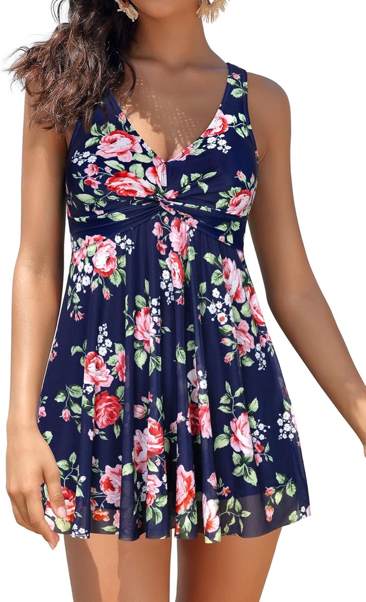 Dames Badpak Jurk V-hals retro Abdominale Controle Klassiek ruched Badmode Mode Eendelige Badjurk