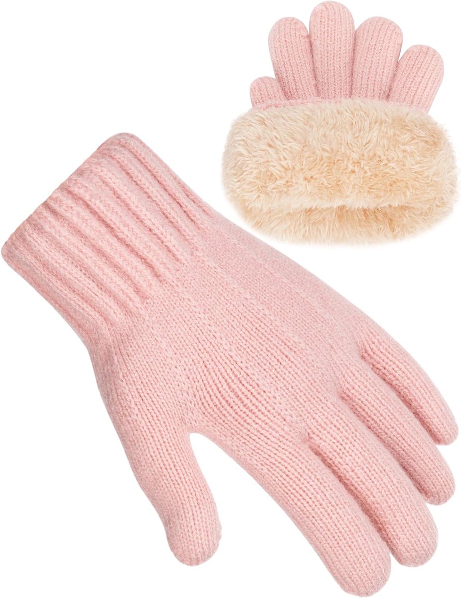 Handschoenen voor kinderen, thermo-gebreide handschoenen met fleecevoering, warm, elastische handschoenen met volledige vingers, dikke handschoenen voor jongens en meisjes