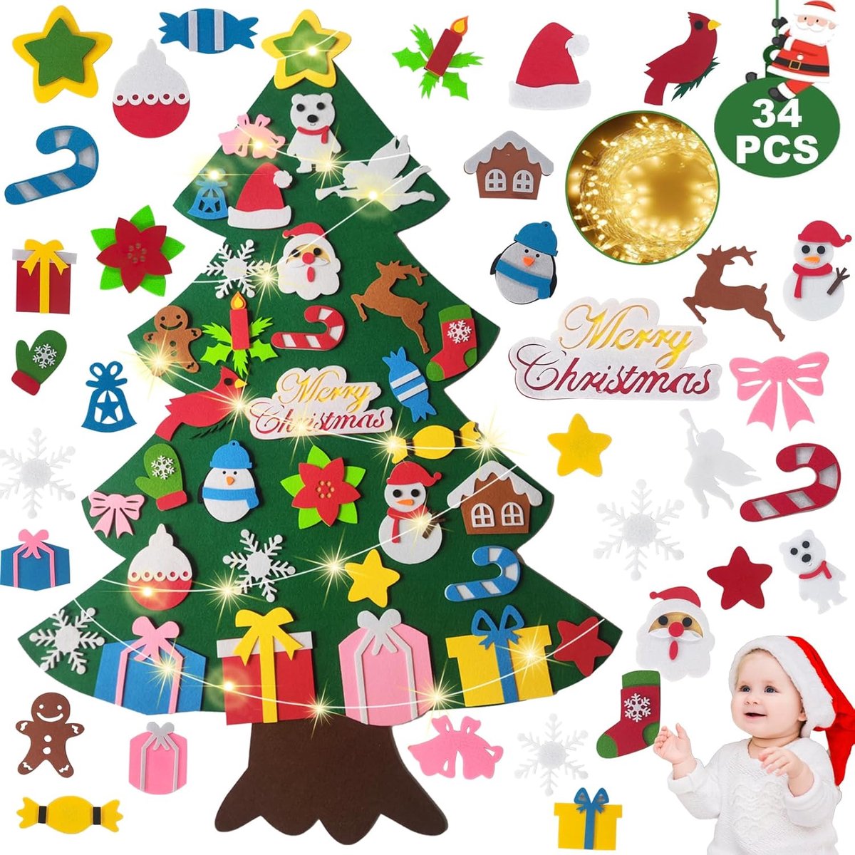 kerstboom, 3,28ft DIY vilten kerstboomset voor kinderen, kerstdecoratie hangende decoratie met afneembare hangende ornamenten, kerstboom voor thuis/deur/muur hangende decoratie