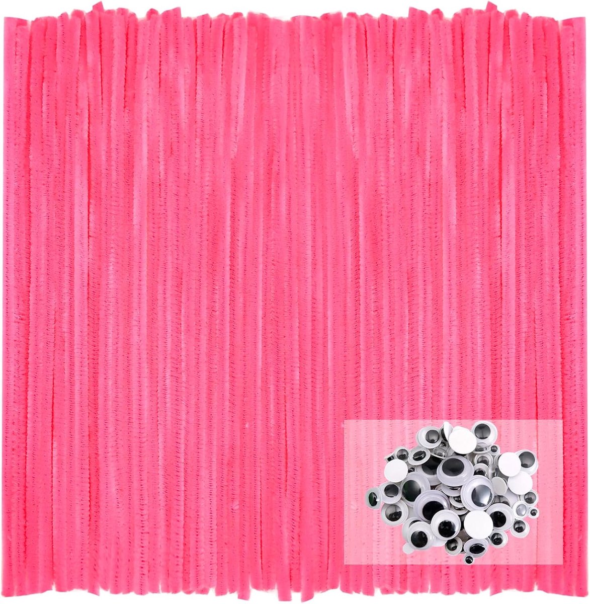 100 stuks Pijpenragers Fluorescerende Roze Pijpenragers om te Knutselen Chenilledraad 30 cm x 6 mm met Zelfklevend Wiebelogen voor Creatieve doe-het-zelf Handwerk Decoratie