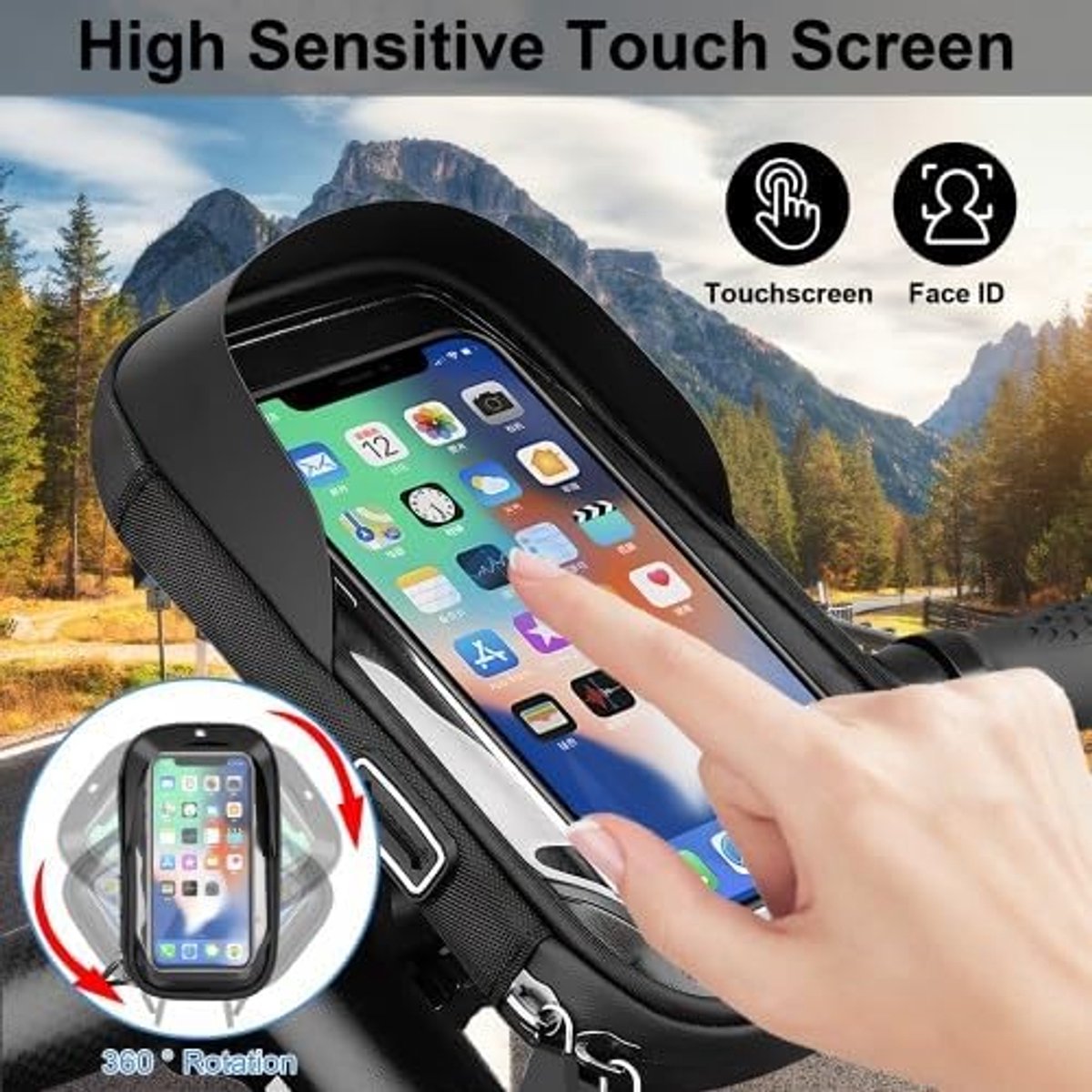 Waterdicht fietstelefoonhouder, fietsstuurtas met touchscreen-venster en 360° rotatie, met regenhoes voor 4,5-6,4 inch smartphone
