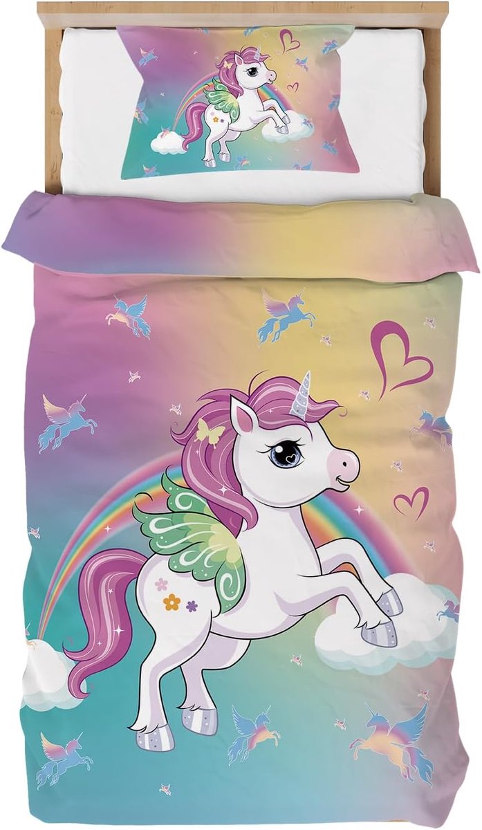 Eenhoorn Dekbedovertrek 90 x 190 cm Meisje Kind Roze 3D Bedrukt Patroon Microvezel Beddengoed voor Eenpersoonsbed met Ritssluiting met Kussensloop 65 x 65 cm Cadeau Verjaardagsfeest