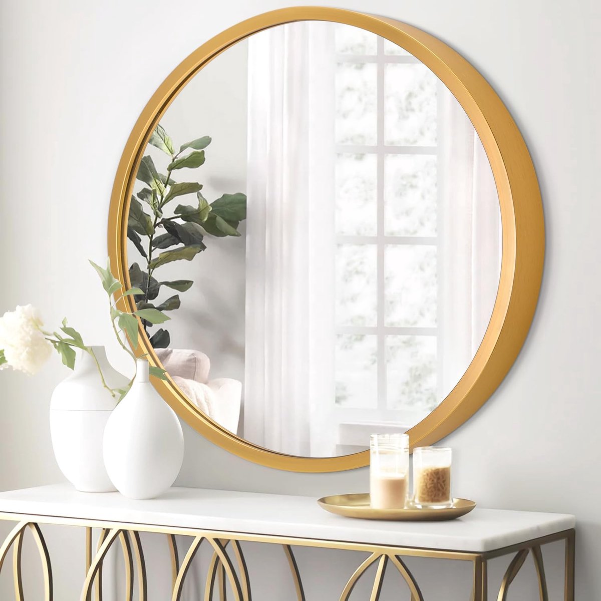 Ronde Wandspiegel 40CM Ronde Spiegel voor Badkamer Gouden Cirkelvormige Spiegels Badkamer Wanddecoratie Metalen Lijst Spiegels voor Woonkamer Slaapkamer Studentenkamer Decoratief