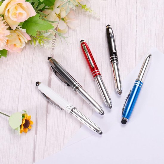 Balpen met styluspunt en LED-zaklamp, 2 stuks 3 in 1 metalen pen zwarte inkt 1,0 mm medium punt stylus pen voor touchscreens, blauw — afbeelding 4