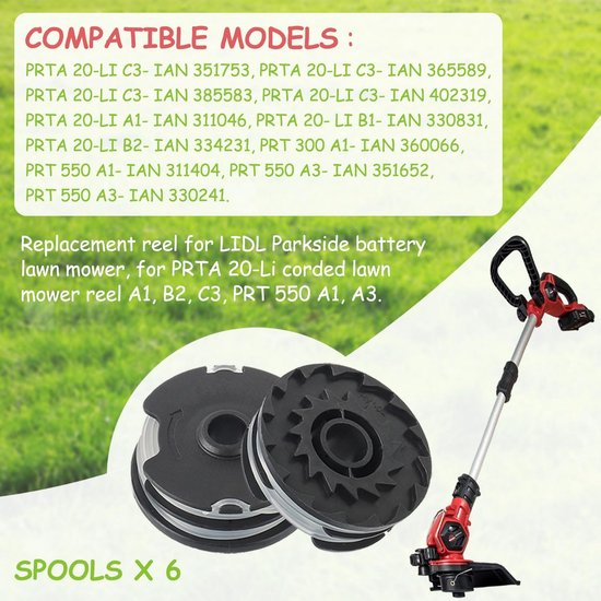 Spoel nylondraad, reservedraad voor LIDL Parkside grasmaaier PRT 550 A1, A3; PRTA 20-Li A1, B2, C3 reserveonderdelen randsnijder (6 draadspoelen) — afbeelding 2