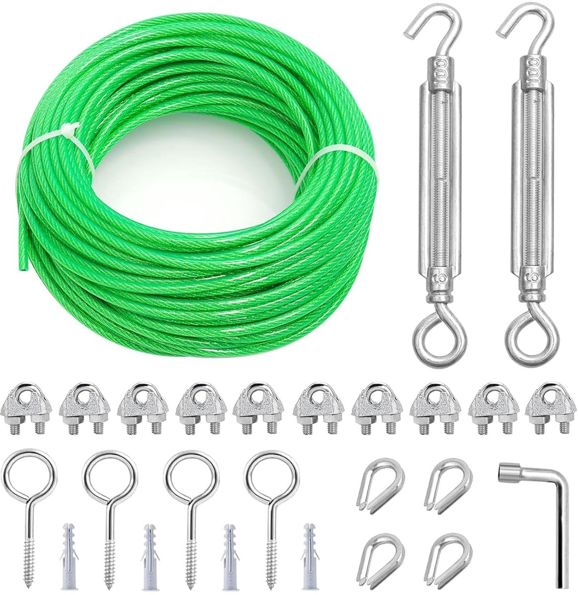 Waslijn met stalen kern, 15 m PVC ommantelde draadkabel met oogjes | Groene draadkabel 5 mm met 6 × 7-strengen & spandraad voor waslijnen, wijnstokken, tuindraad, lichtkettingen om op te hangen