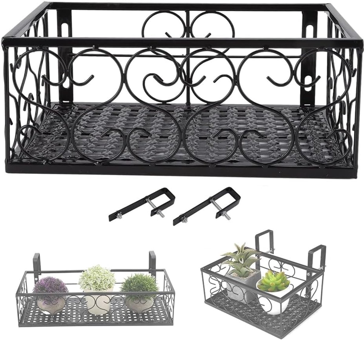 hangende bloemenrekmand, zwart metalen raambloemstandaard Decoratieve relingplank, sappige bloempothouder voor balkonterrastuin(For 2.5cm railing)
