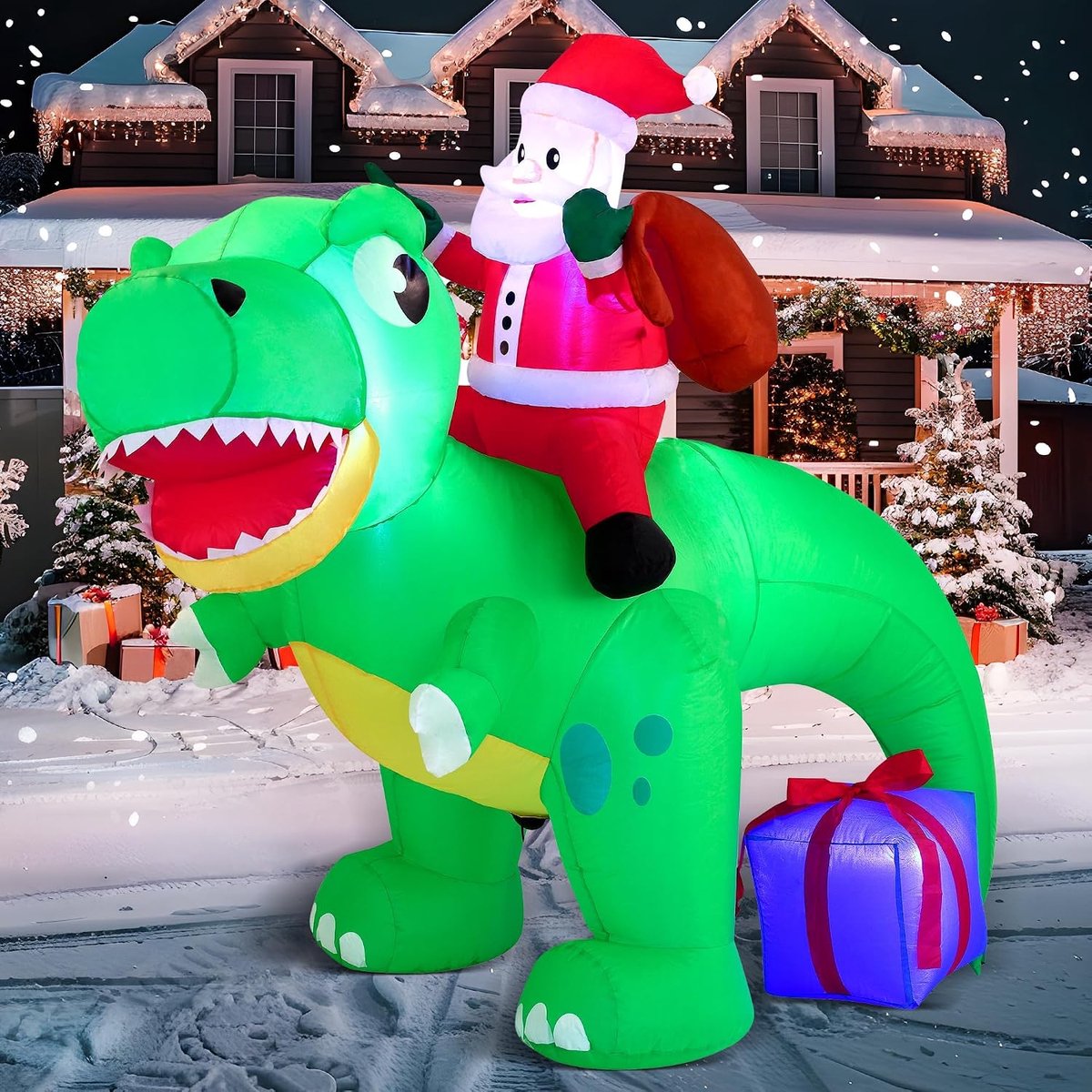 Opblaasbare kerstman met dinosaurusmotief, 180 cm lang, met geïntegreerde leds, opblaasbaar, voor Kerstmis, feest, binnen, buiten, binnenplaats, tuin, gazon, winterdecoratie