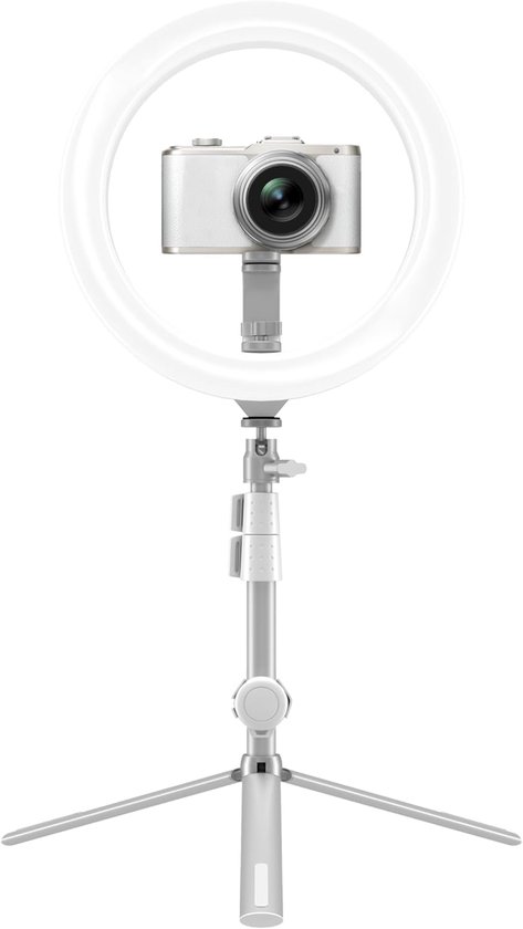 Led-ringlamp met statief voor smartphones en kleine DSLR- en actiecamera's (25 cm diameter; verstelbare helderheid, hoogte en kleurbalance; 1800 lumen; afstandsbediening & draagtas