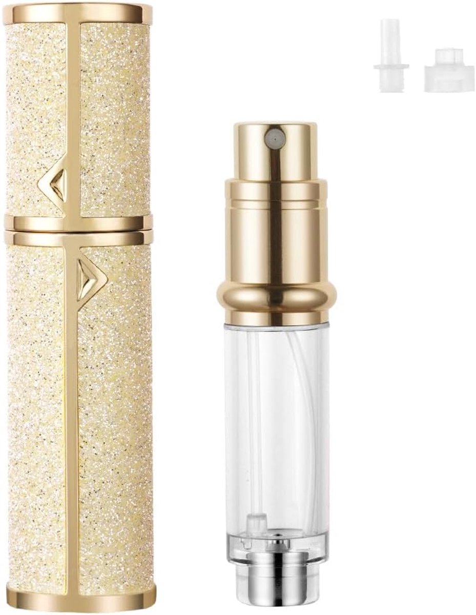 Parfum reisfles, 5 ml luxe parfumverstuiver navulbaar, glanzende parfumspuitfles, gemakkelijk bij te vullen parfumverstuiver voor vrouwen en mannen (goud)