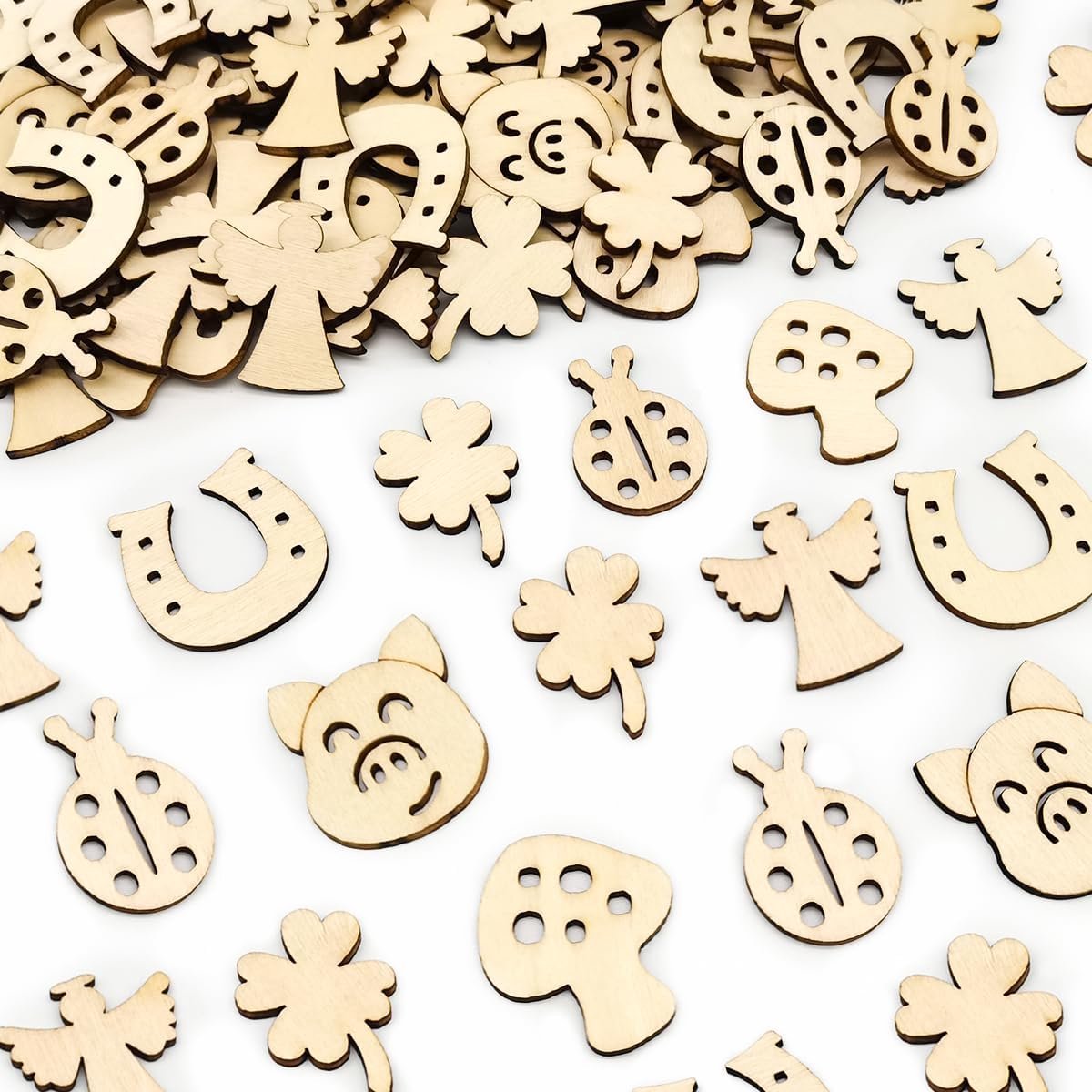 100 stuks geluksbrengers voor Nieuwjaar, houten versiering, geluksvarkentjes, klaverblad, lieveheersbeestje, engel, geluksbrengers, nieuwjaar, kleine, nieuwjaars tafeldecoratie