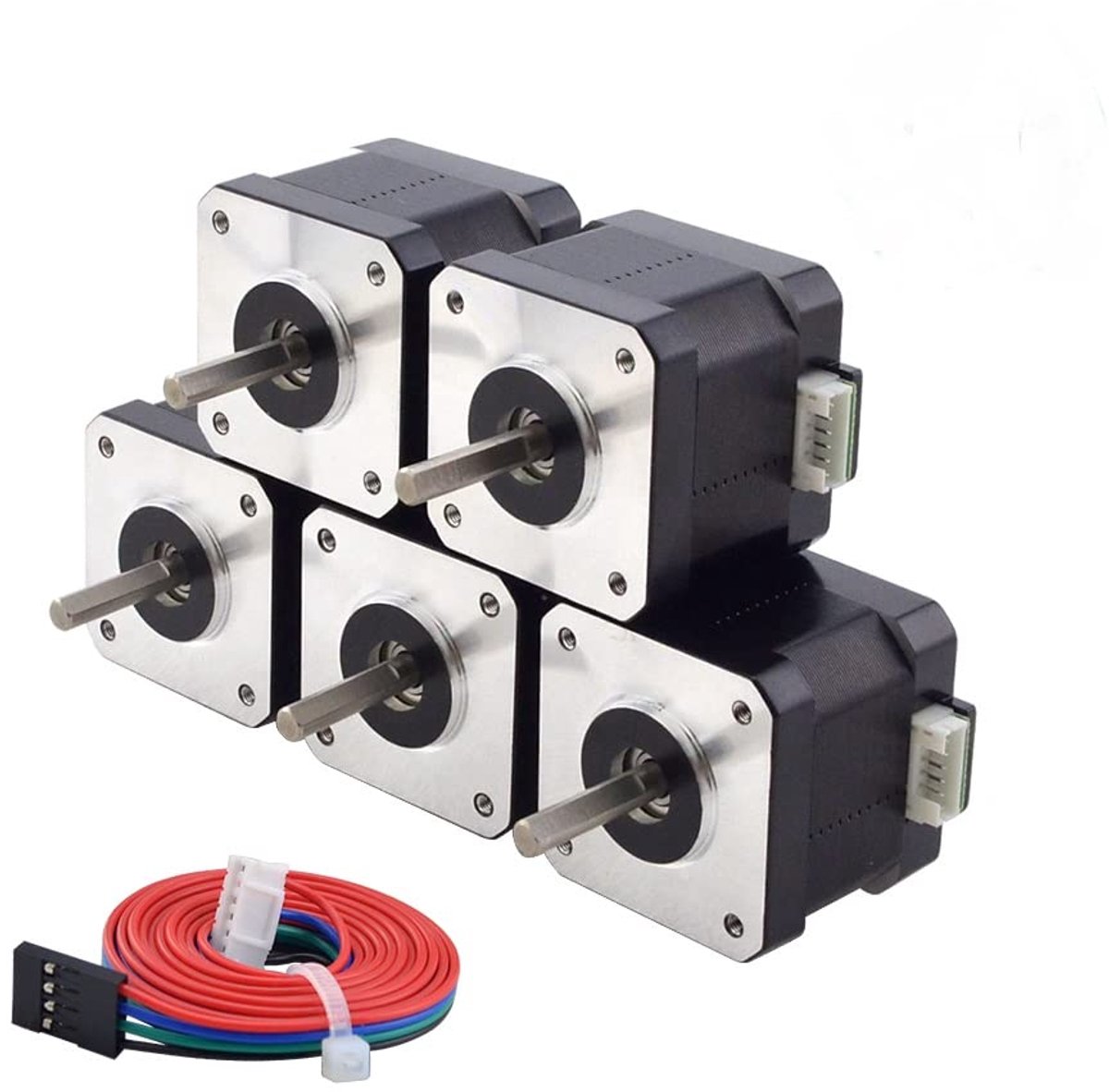 Stappenmotor, 5 stuks, Nema 17, bipolair, 42 Ncm, 1,5 A, 42 x 42 x 39 mm, 4 draden met 1 m kabel en connectoren voor 3D-printer/CNC-freesmachine, zwart