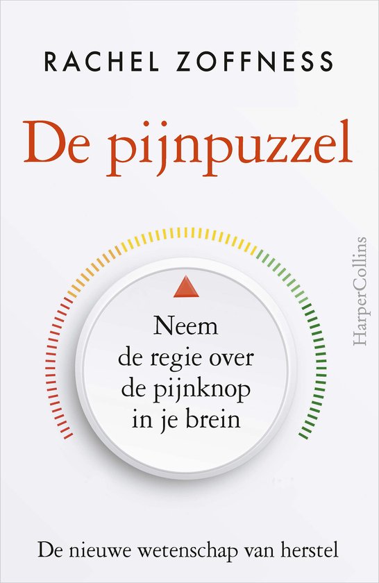 Boekcover: 'De pijn puzel' met Rachel Zoffness, HarperCollins. Centraal een ronde knop met tekst 'Neem de regie over de pijnknop in je brein'.