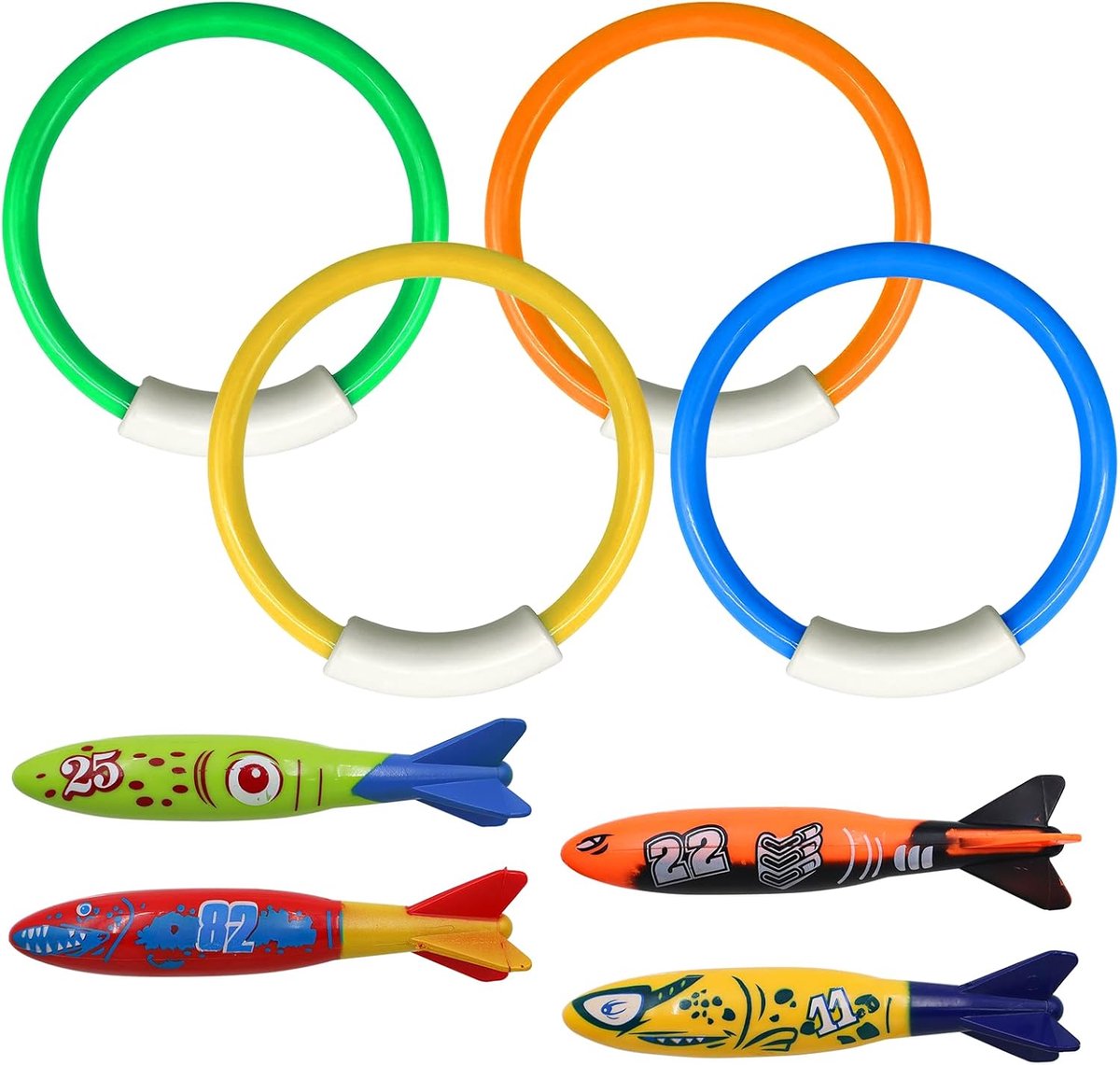 8 stuks duikspeelgoed voor kinderen, onderwater, torpedo, duikspeelgoed, set duikringen voor kinderen, zwembad, speelgoed voor duiktraining, onderwaterspel, zomer, zwembad, speelgoed voor