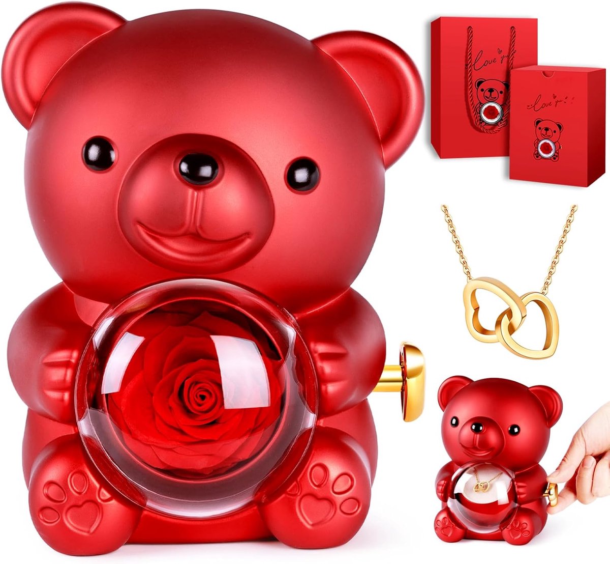 roos geschenkdoos, geschenkdoos met teddybeer, gestabiliseerde beer, echt cadeau, eeuwige beer, hartketting voor Valentijnsdag voor haar, kerstcadeaus, verjaardag, Moederdag