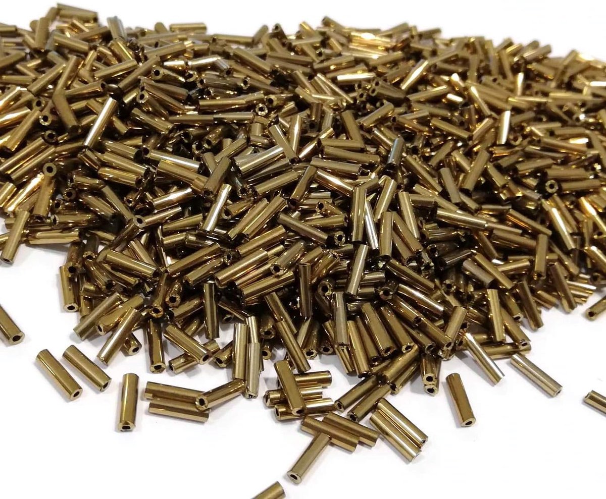 Kralen, indianenkralen, zaadkralen, ponykralen, 6 mm, bugle stiftkralen, buisjes, tubes, staafjes, zaadkralen, 3300 stuks (metallic brons)