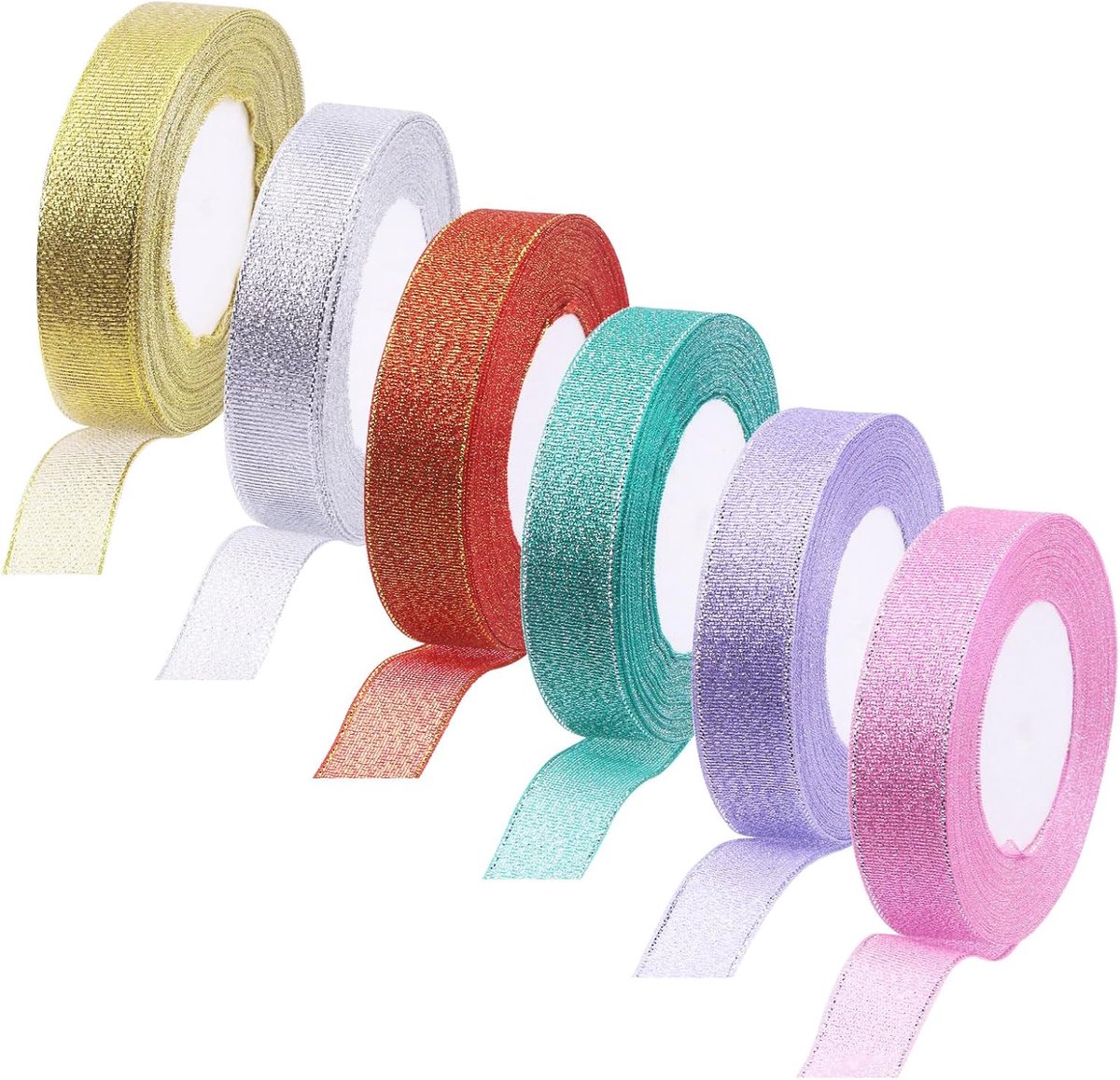 6 rollen 150 meter in totaal, elke rol ca. 4/5 "× 25 yard, 6 kleuren metallic glitterlint, satijnen linten voor vakantiefestival, geschenkverpakkingslinten voor geschenkverpakking,
