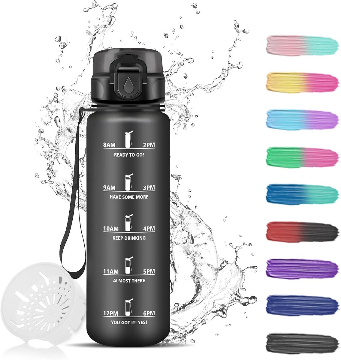 Drinkfles voor kinderen, 500 ml, motiverende drinkfles met tijdweergave, lekvrij, gegradueerde drinkfles voor volwassenen, sportschool, werk, school, kantoor, wandelen, fietsen, yoga