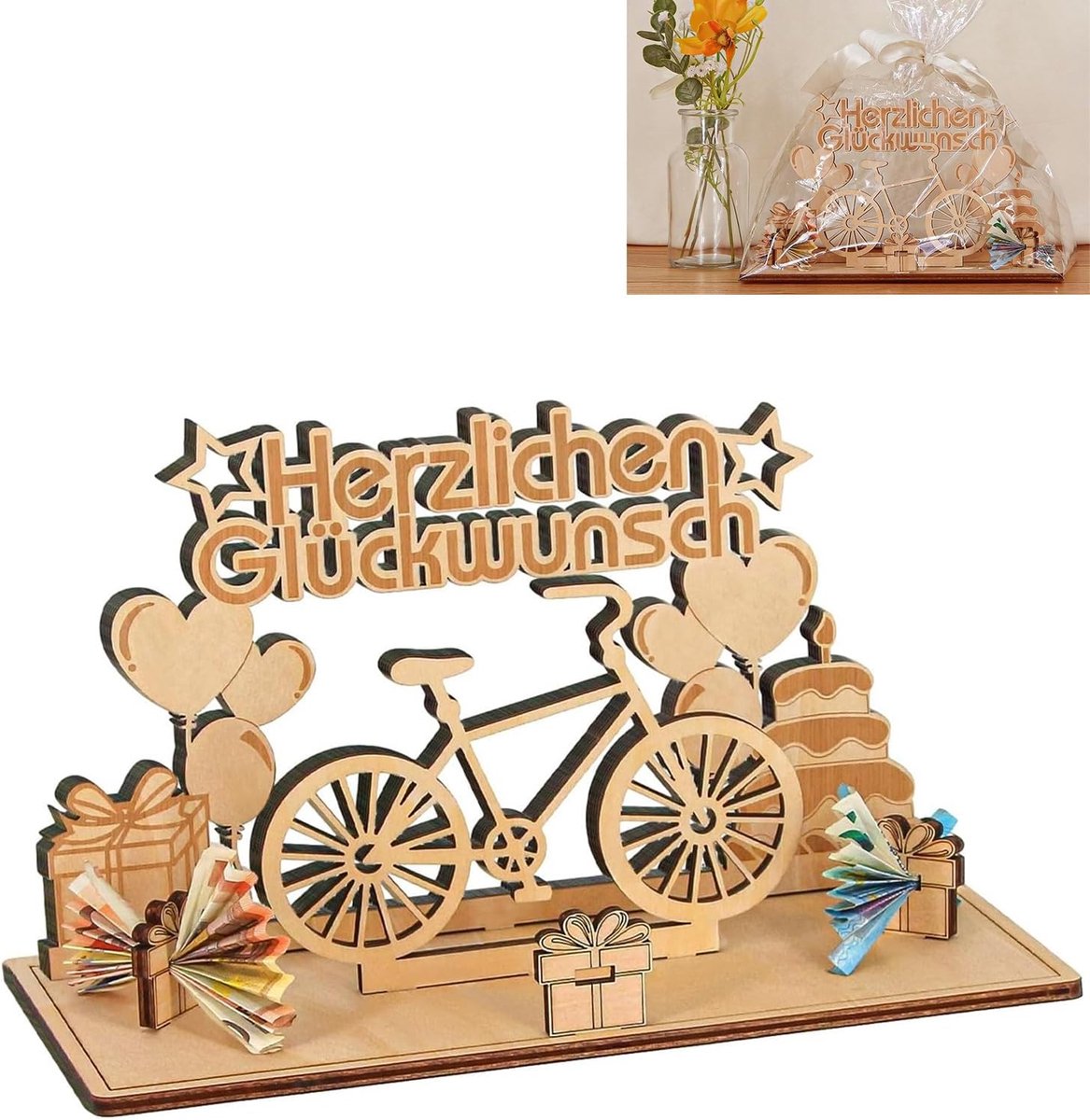 geldgeschenk fiets hout DIY decoratie verjaardag bruiloft | Houten fiets geldgeschenk DIY decoratie 125 g