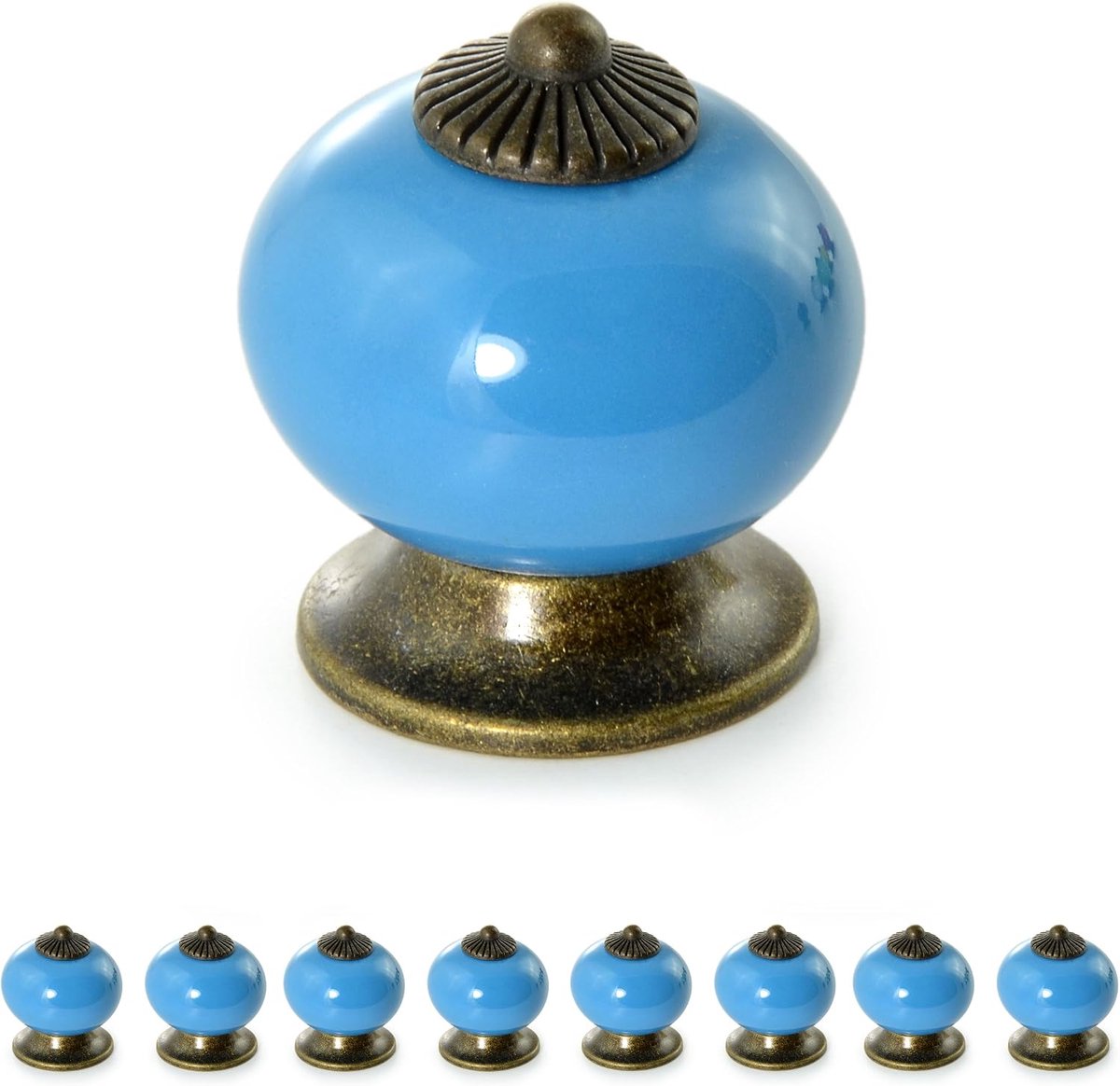 meubelknoppen set porselein/keramiek kastknop blauw, 8 stuks, 32mm diameter, 23mm diepte, glansafwerking, voor kastdeuren en lades, schroefmontage tot 18mm