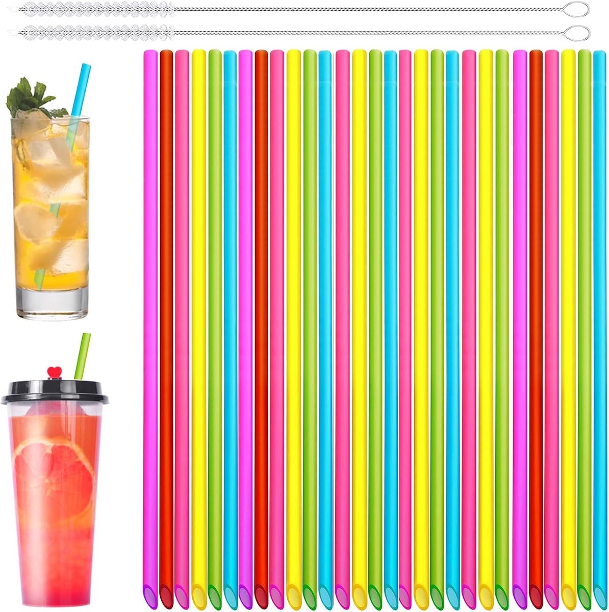 Herbruikbare rietjes met 2 reinigingsborstels, drinkfeestrietjes, gekleurde rietjes voor drinkwater, thee, koffie, sap, melk, wijn (260 x 6 mm)