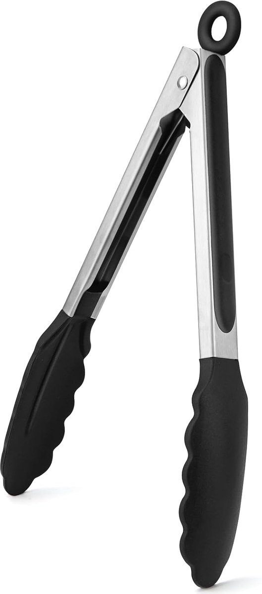 Grilltang 23 cm, hittebestendige keukentang, kooktang met roestvrij staal en siliconen punt, siliconen tang, vleestang voor koken, grillen (zwart) | Keukentang, kooktang, vleestang, siliconen tang, tongs kitchen voor grill, BBQ & koken