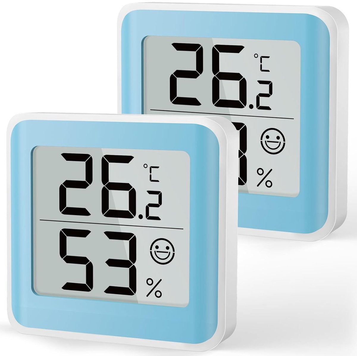 Binnenvochtigheidsmeter Temperatuurmonitor Hygrometer Vochtigheidssensor met Comfortindicator LCD Groot Digitaal Display voor Babykamer (2, Blauw, 5.5cm)