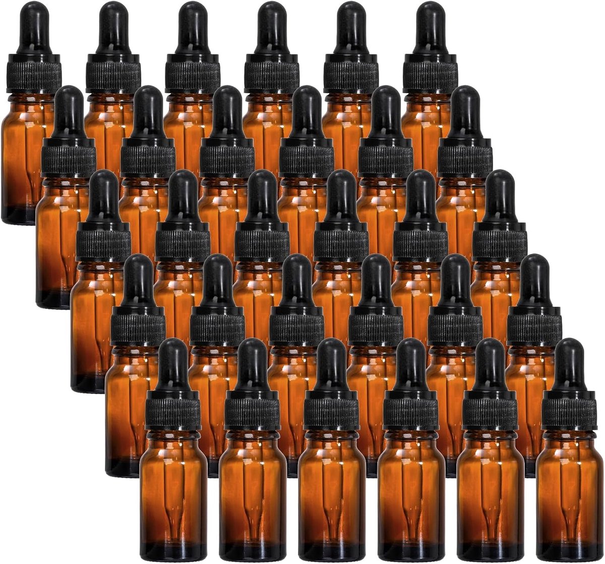 30 Pack Dropping Flessen Glazen Fles Amber Dropper met Glazen Pipetten voor Essentiële Olie - 10ml