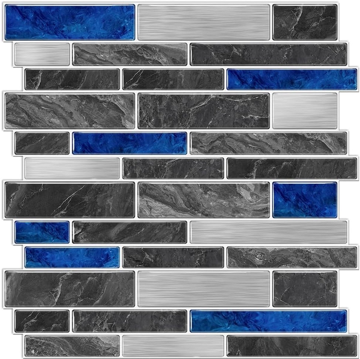 Tegelsticker, 12inch/30,5 cm, 10 stuks, blauw marmereffect, zilverkleurig, zelfklevende tegelstickers voor badkamer, keuken, backsplash, peel and stick vinyl tegelsticker