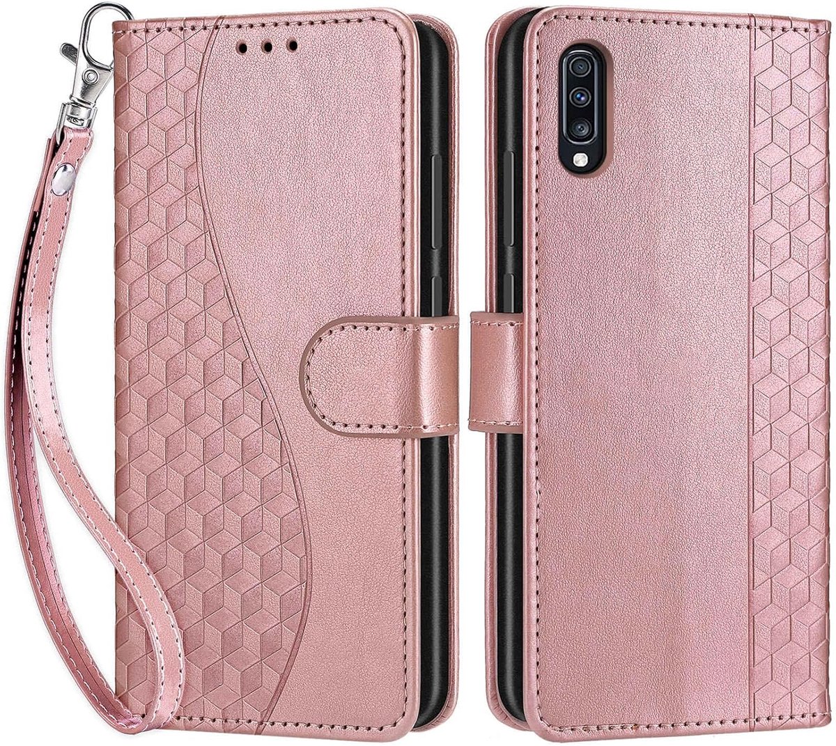 Portemonnee Telefoonhoes voor Samsung Galaxy A70 Kubus-Rosegoud | Premium Leren Inklapbaar, Meerdere kaartvakken & Verstelbare standfunctie, Magneet Beschermhoes voor Samsung A70