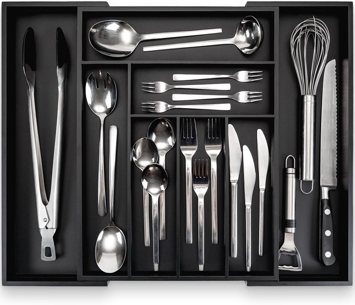 budu Bestekbak #43 (diepte 43 cm) van bamboe - zwart - opbergsysteem voor de keuken, bestekbak voor laden van bamboe, uittrekbaar, keukenlade-organizer, keukenorganizer
