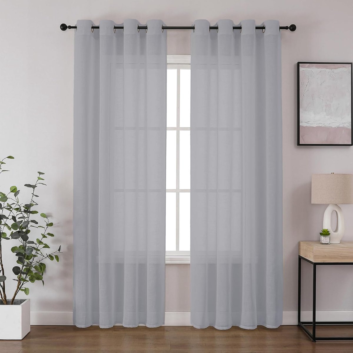 Linnen look voile gordijnen met oogjes, gordijn voor slaapkamer en woonkamer, linnenkleur, set van 2
