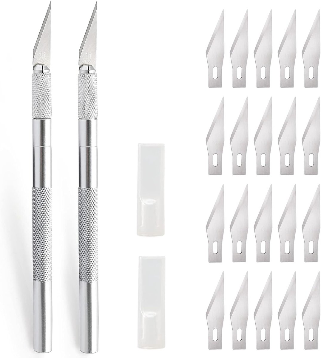 2 stuks scalpel met 20 reservemesjes, knutselmes, cuttermes, hobbymes, snijmes, cutter voor doe-het-zelf kunst, werk, snijden, sculptuur, raamfolie, lakbeschermingsfolie, zilver
