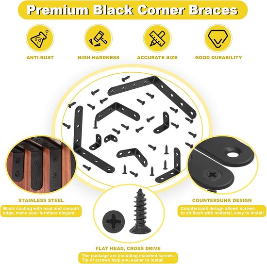 20 Sets 30x30mm Rvs Zwart L Beugels Hoekbeugels Haakse Beugels Heavy Duty met Montage Schroeven voor Houten Plank Stoel Kast Meubelbeugels — afbeelding 2