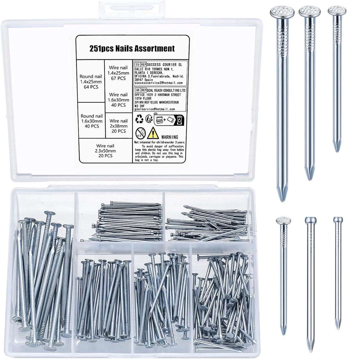 251 stuks spijkers en muurnagels, foto's ophangen, hardware assortiment voor fotolijsten, houtbewerking, spiegels