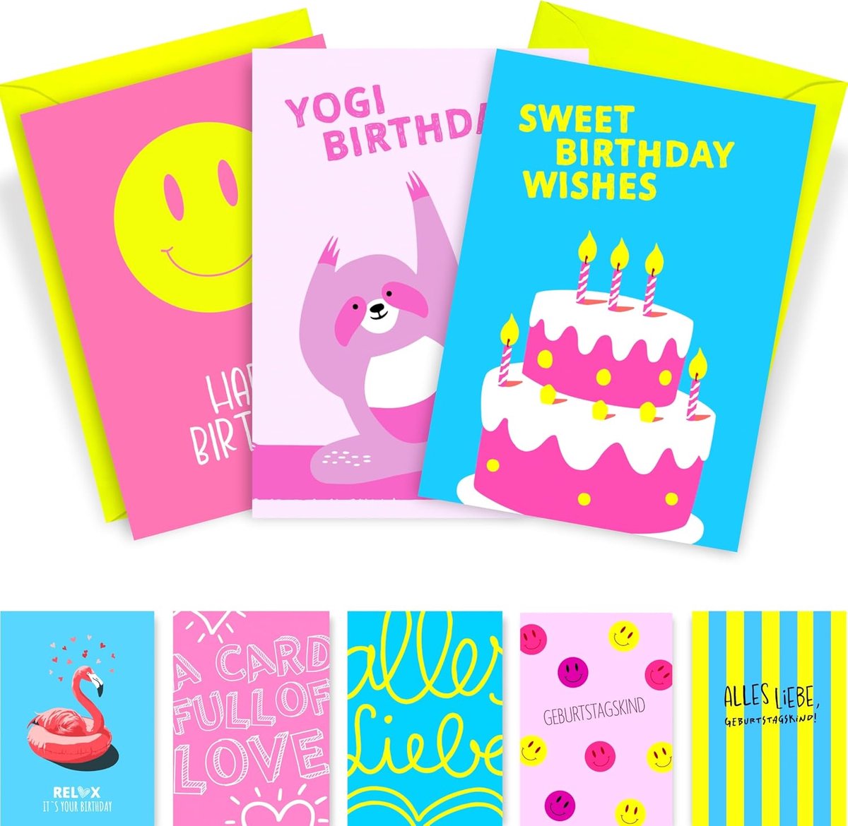 SnelShoppen - 10x Neon Verjaardagskaarten Set met Enveloppen & Stickers, Felgekleurde Wenskaarten voor Verjaardag, Vrolijke Kaarten voor Mannen, Vrouw