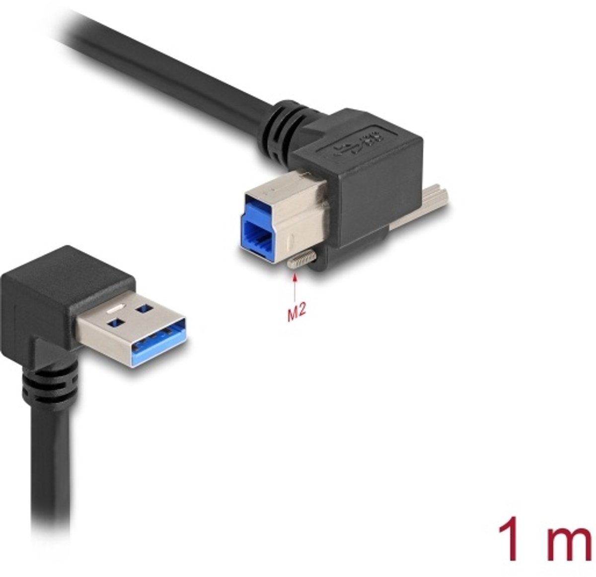 Image of Delock USB 5 Gbps Cable USB Type-A male 90° downwards angled to USB Type-B male with screw 90° right angled 1 m black