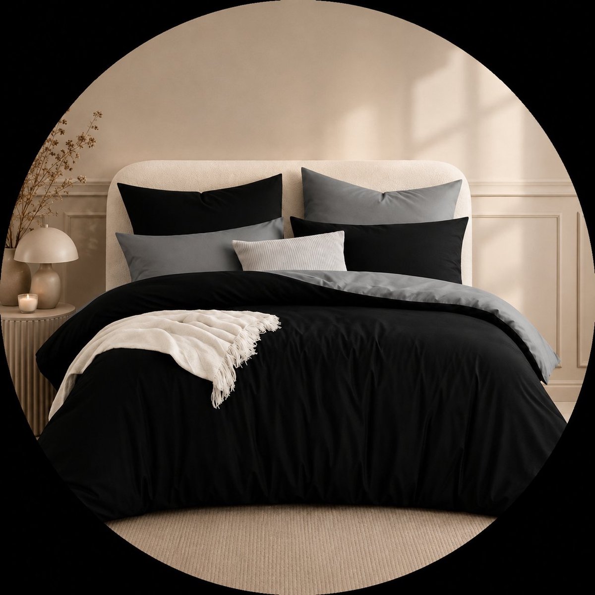 Beddengoedset 4-delig 135x200 cm – Microvezel, omkeerbaar dekbedovertrek met ritssluiting, zwart-grijs, strijkvrij – Nazik Living