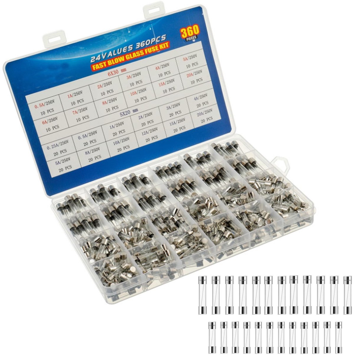 longziming -Glaszekeringen Assortiment 360 Stuks – 5x20mm & 6x30mm – Snelsmeltende Zekeringen 250V – 24 Waarden 0,25A-20A – Opbergdoos