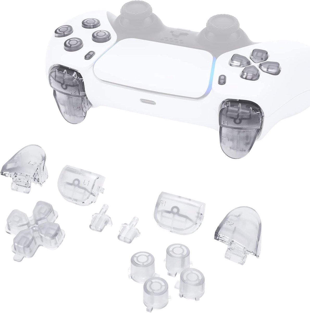 eXtremeRate Knoppen Vervangende voor ps5 Controller BDM-010/020 | met D-pad R1 L1 R2 L2 Triggers Share Opties Gezichtsknoppen voor ps5 Controller,Transparant