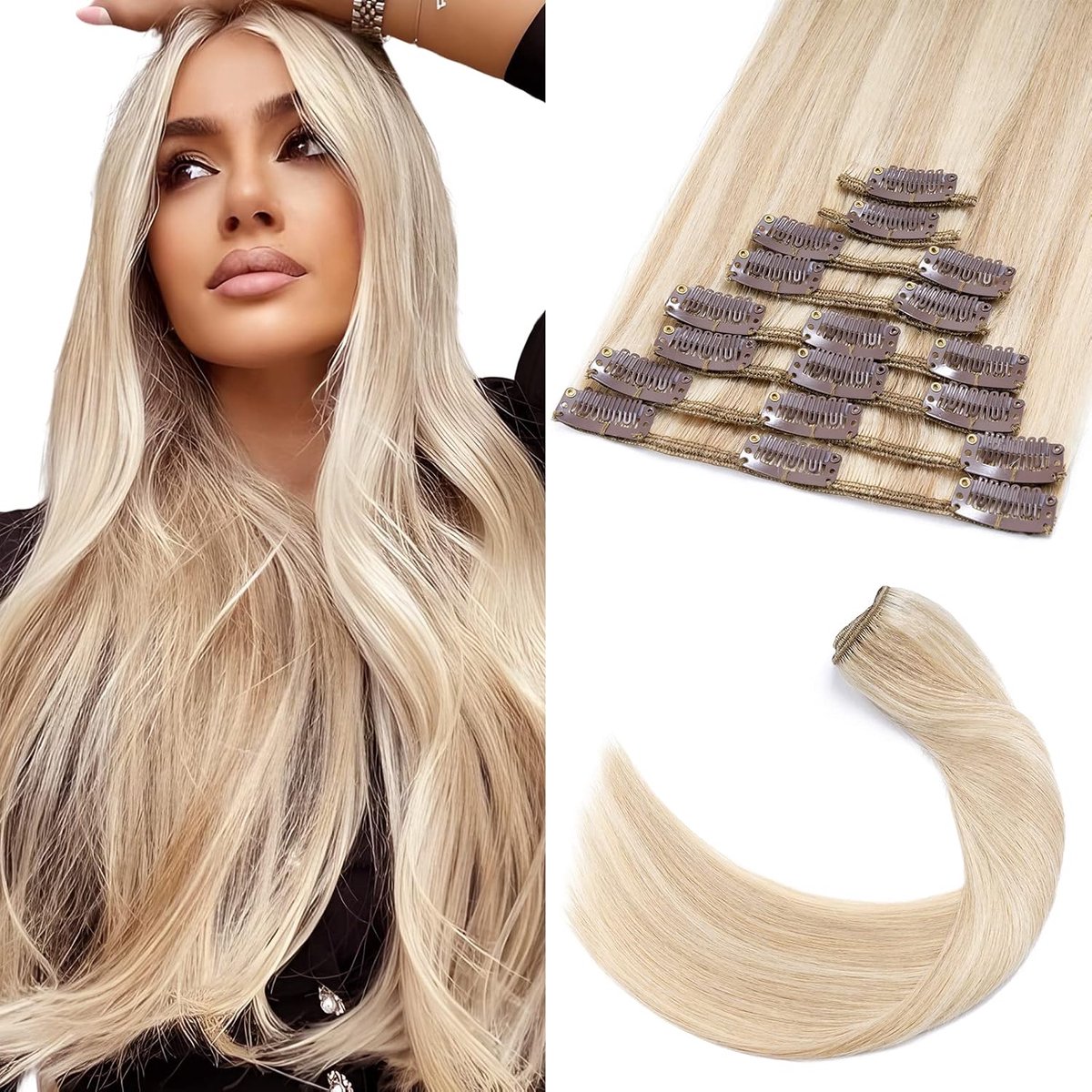 Haarextensies, echt haar, balayage - (8-delig set met 18 clips, haarverlenging echt haar clip) - glad, 20 cm 45 g #18/613 asblond & gebleekt blond