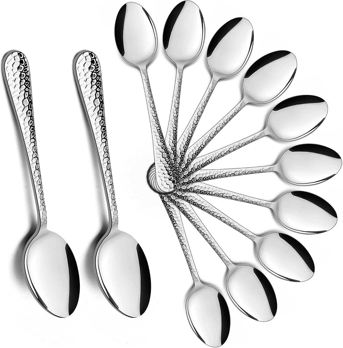 Koffielepels, 12-delige roestvrijstalen theelepels, dessertlepel met hamergreep, kleine lepel voor thuis, restaurant, keuken, ronde rand en hoogglans gepolijst, vaatwasmachinebestendig (15 cm
