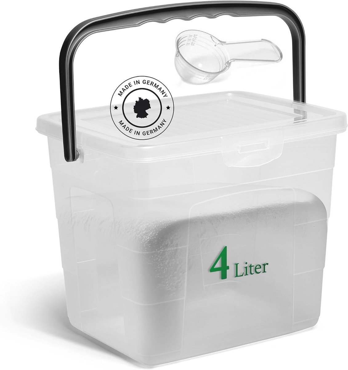 Wasmiddelbox met deksel, 4 liter, transparant en doseerlepel, 23,5 x 18 x 18,5 cm, doos waspoeder, opbergdoos met handvat, wasmiddel, opslag, waspoederhouder